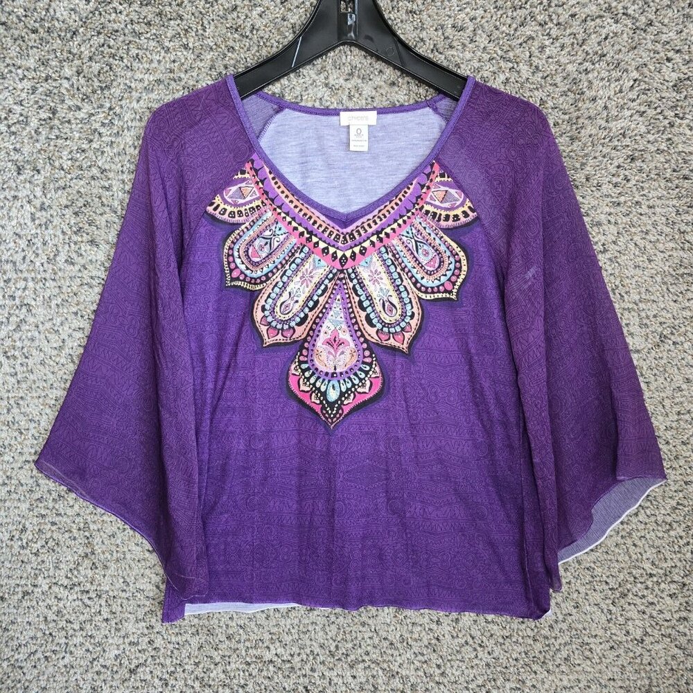 Chicos Top Womens 0 US Small Purple‎ Embellished Semi Sheer Blouse Casual Ladies